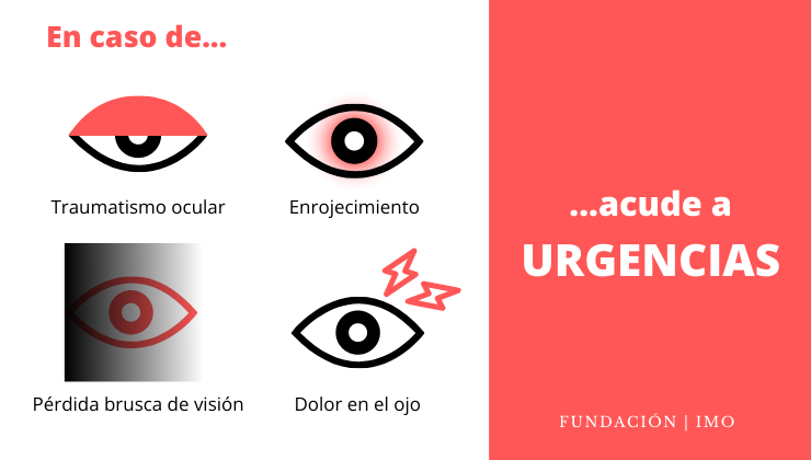 Infografia. El texto dice: "en caso de traumatismo ocular, enrojecimiento, pérdida brusca de visión o dolor en el ojo, acude a urgencias".